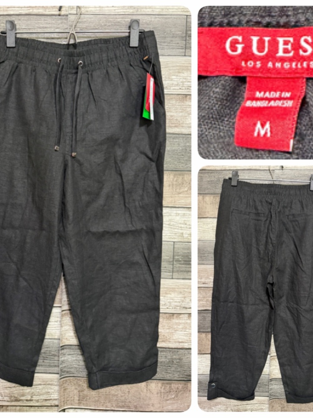 GUESS Black Cropped Drawstring Linen-Blend Capris
